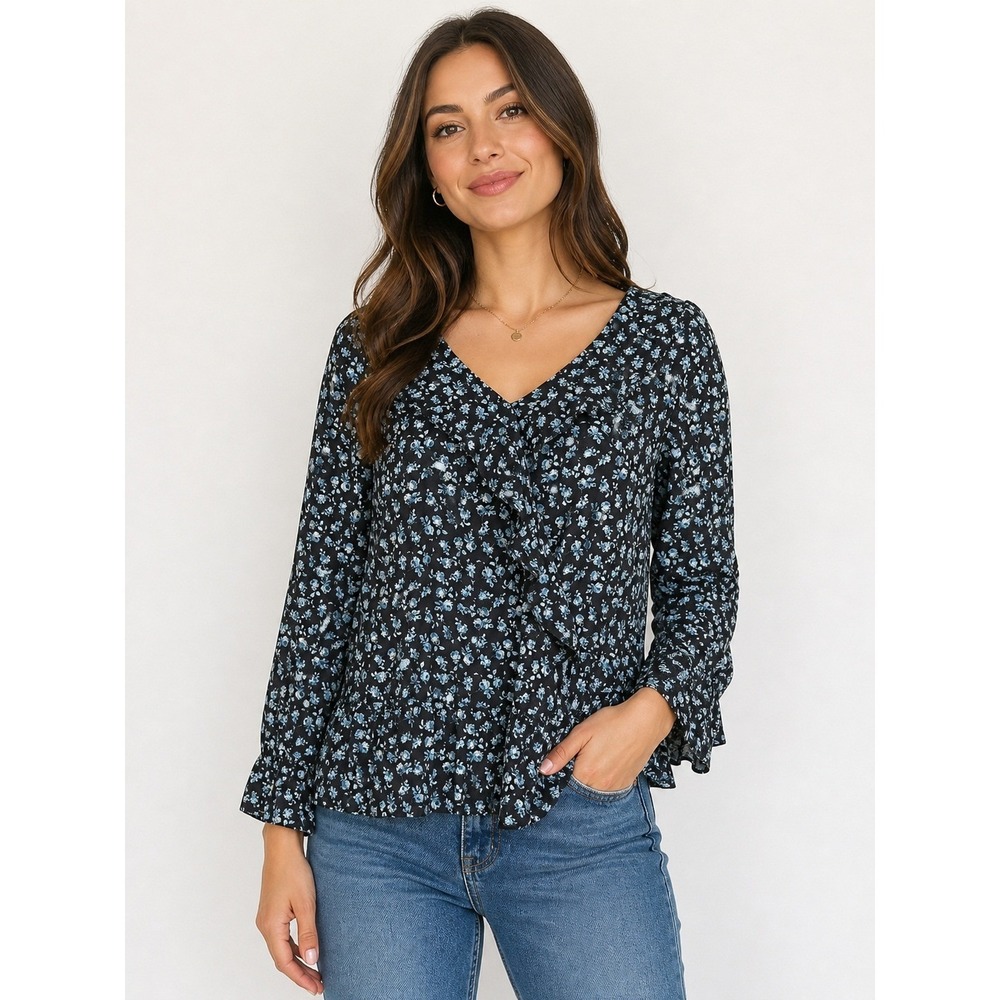 Alison Andrews Blouse Navy Floral Ruffle Peplum Cottagecore Romantic Medium NWT